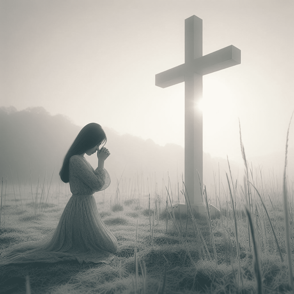 Woman kneeling at the Cross with gray tones 2